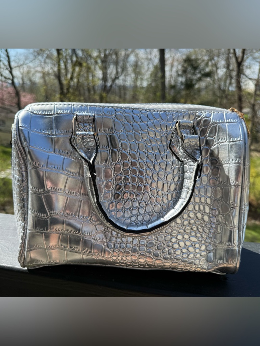 Croc-Embossed Metallic Satchel - Silver